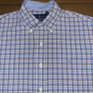Ralph Lauren Mens Small Casual Button Down Stretch Shirt Plaid Long Sleeve Blue